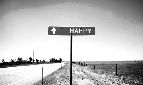 Happy Forward Sign on Road in black and white